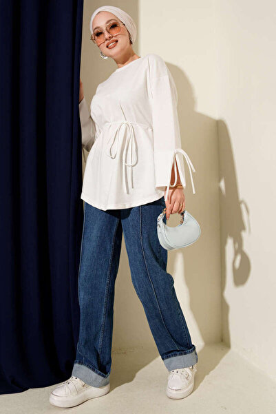 Smy moda Tunic with Two Drawstrings and Lace-Up Sleeves, Crew Neck