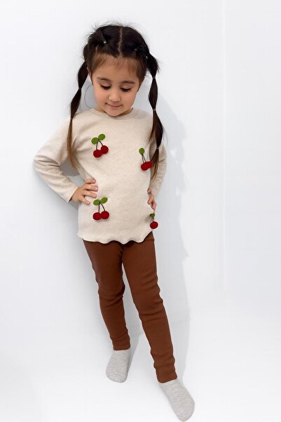 ARYA BABY Kirazlı Krem Kahve Alt Üst Takım Taytlı Takım Çocuk Takım