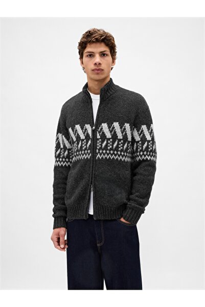 GAP Erkek Koyu Gri Yün Karışımlı Fermuarlı Örgü Hırka