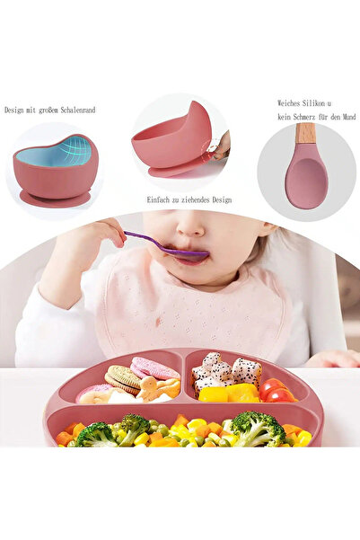 OEM Set 8 piese diversificare bebelusi si copii din silicon baveta, farfurie compartimentata cu ventuza,