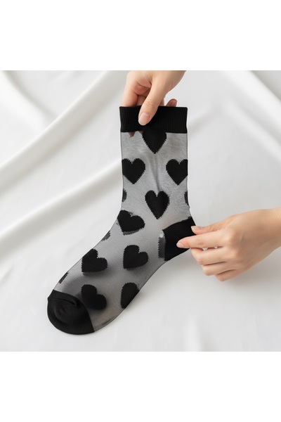 BAŞAKTEM Siyah kalp desenli şeffaf çorap