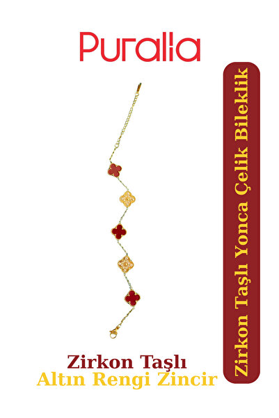 Puralia Zircon Stone Burgundy Clover Bracelet - Gold Color Chain