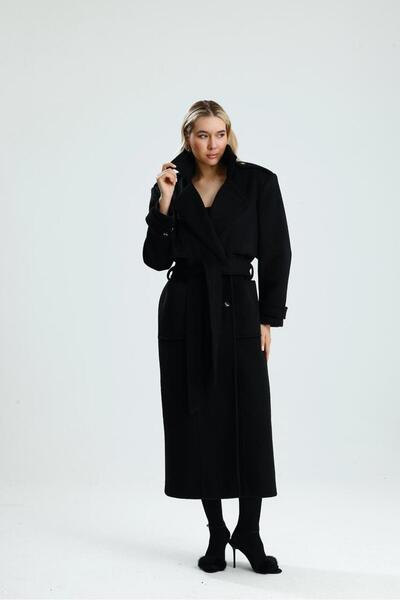 GACA COLLECTION DİSERE Belden Bağlamalı Kadın Uzun Siyah Astarlı Kaban