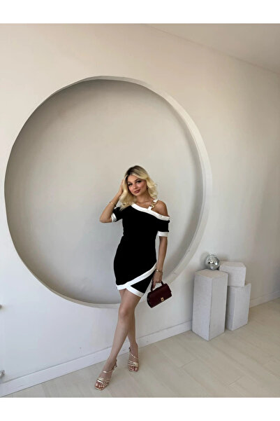 GENCULUS Women's Short Sleeve Asymmetrical Cut Neckline Room Dress with Stripe and Accessory Detail