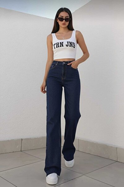 DRC trend Camelia 90`S Stretch Fabric Casual Navy Blue Super High Waist Wide Leg Denim Jeans