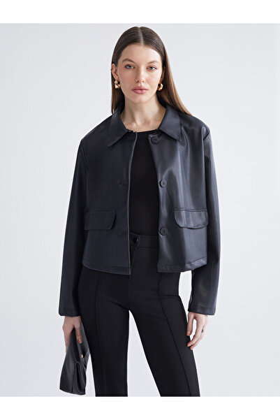 LC Waikiki Navy Blue Shirt Collar Women's Leather-Look Jacket