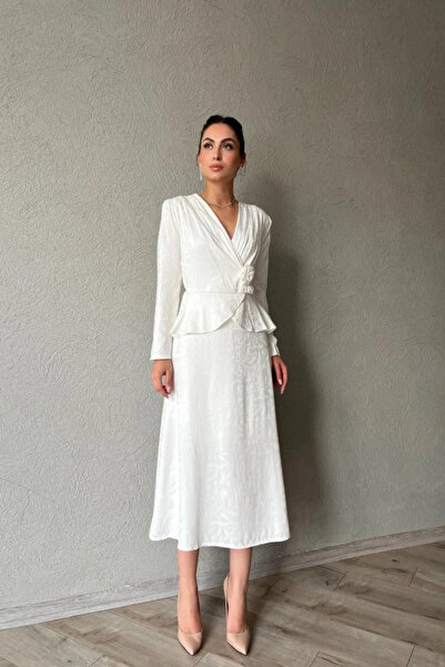 GENCULUS Ecru Pleat Detail Double Breasted Dress