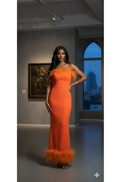 Zeyn KADIN ABİYE STRAPLEZ OTRİŞ DETAYLI YIRTMAÇLI UZUN ELBİSE