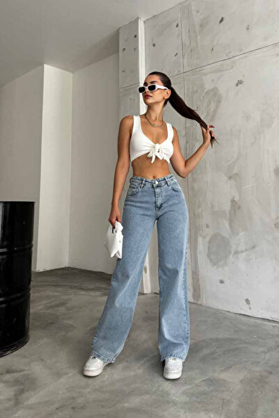 DRC trend 90`S Stretch Fabric Casual Women's Light Snow Blue Super High Waist Loose Leg Denim Jeans
