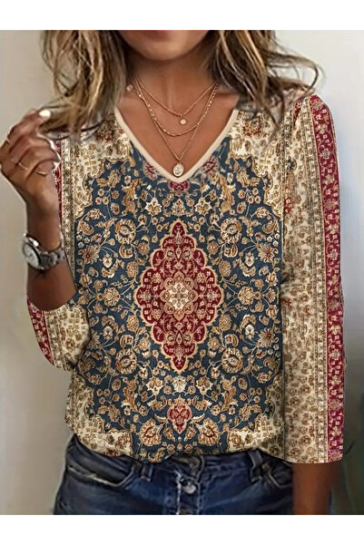 GENCULUS Women's Three Quarter Sleeve V Neck Ethnic Patterned Single Jersey Blouse