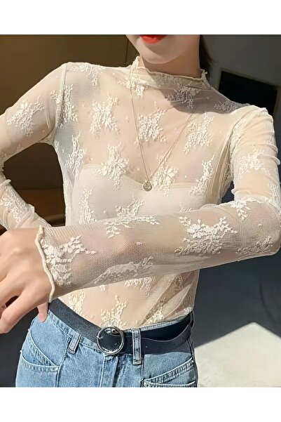 FloresDeCarnaval Half High Neck Ecru Tulle Blouse