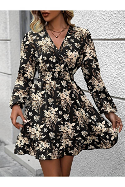 GENCULUS Women's long sleeve double breasted lapel waist guiped floral print short diving dress