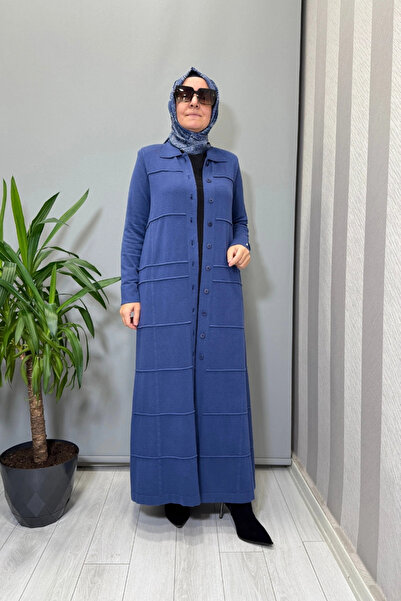 MISS DALIDA Shirt Collar Long Knitwear Cardigan Indigo T25Pf-9002