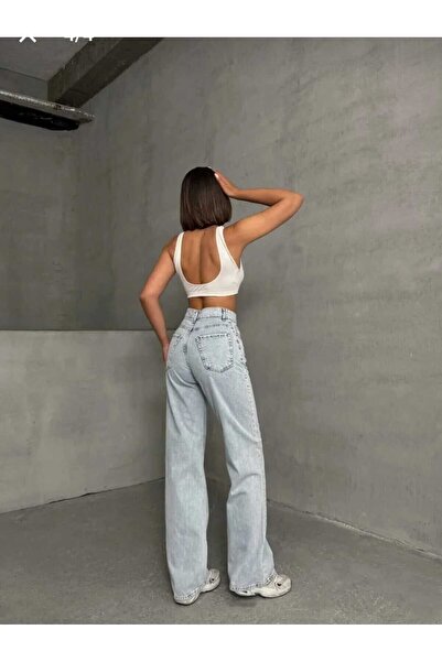 DRC trend Denisa 90`S Stretch Fabric Casual Women's Ice Blue Snow Super High Waist Wide Leg Denim Jeans