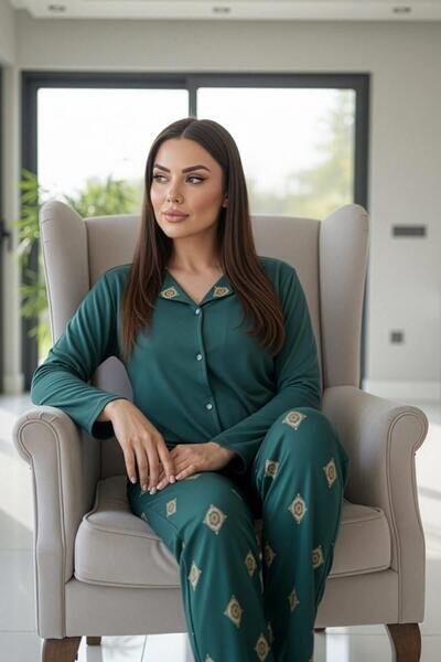 Pijamaevi Zümrüt Mozaik Florado Exclusive Front Buttoned Long Sleeve Women's Pajama Set
