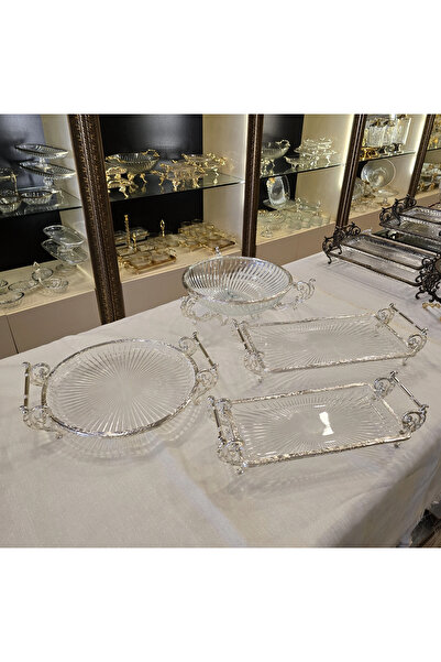 AlyaHomeAksesuar Glass Presentation Set with Silver Metal Legs | Stylish Presentation and Serving Set