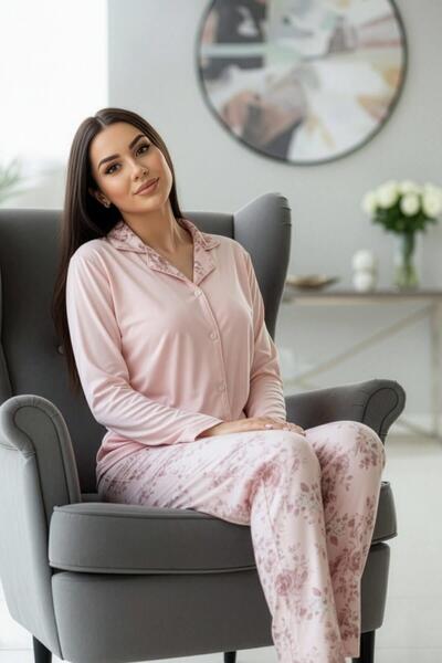Pijamaevi Mercan Florado Exclusive Front Buttoned Long Sleeve Women's Pajama Set