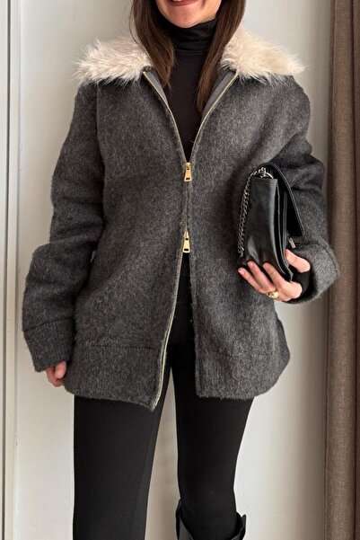 Suziş Double Zipper Cardiganky36874 with Removable Fur Collar