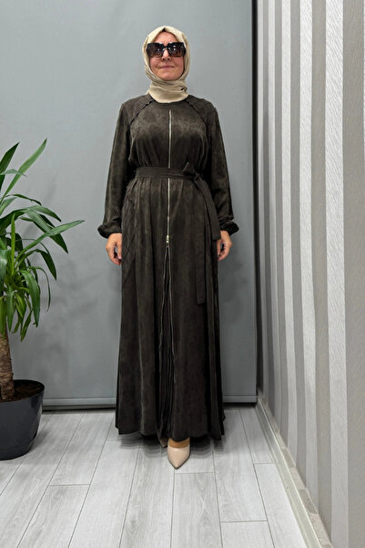 MissWhence Zipper Detailed Jacquard Cupra Silk Dress Brown 38835