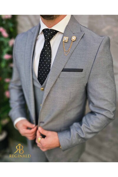 Philip Guston Men's Gray Suit with Gold Buttons: Jacket, Vest and Pants