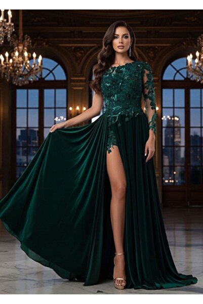 KATYDEA STORE Spectacular Green Velvet and Lace Dress DELUX