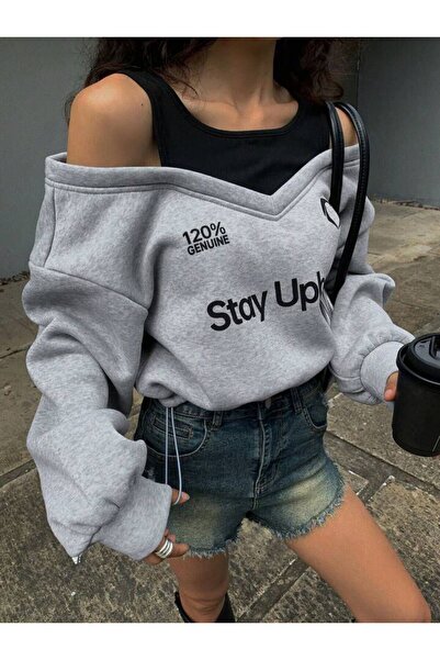 Machetta Women's Strappy Crop Detailed Off-Shoulder Crop Sweatshirt Hoodie