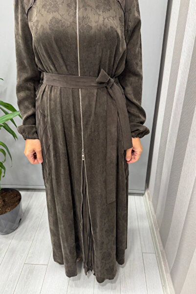 MissWhence Zipper Detailed Jacquard Cupra Silk Dress Brown 38835