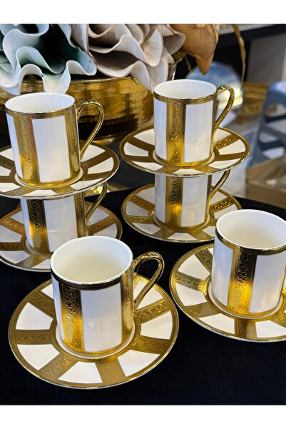 LOKMAN ZÜCCACİYE طقم فناجين قهوة من البورسلين المزخرف بالذهب لـ 6 أشخاص سعة 9...