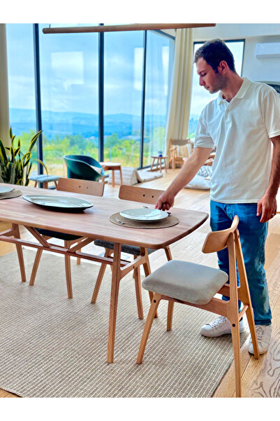 unboxdeco 6 Kişilik Slim Masif Kayın Ahşap Masa Takımı, 6 Adet Slim Kayın San...