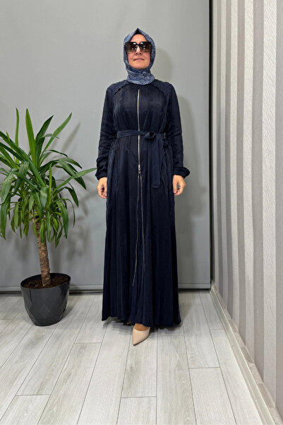 MissWhence Zipper Detailed Jacquard Cupra Silk Dress Navy Blue 38835