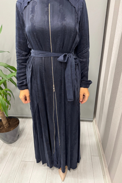 MissWhence Zipper Detailed Jacquard Cupra Silk Dress Navy Blue 38835