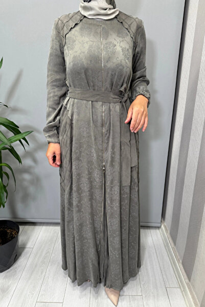 MissWhence Zipper Detailed Jacquard Cupra Silk Dress Gray 38835