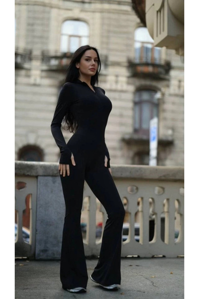 DUOF Mdb Women's Long Sleeve Turtleneck Zipper Detail Flared Jumpsuit