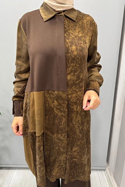 MissWhence Patterned Piece Detailed Silk Shirt Brown 38303