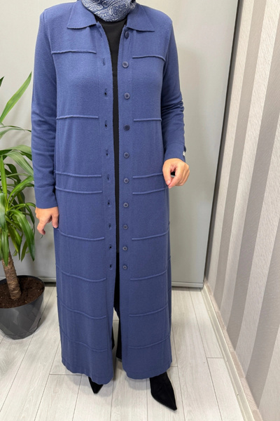 MISS DALIDA Shirt Collar Long Knitwear Cardigan Indigo T25Pf-9002