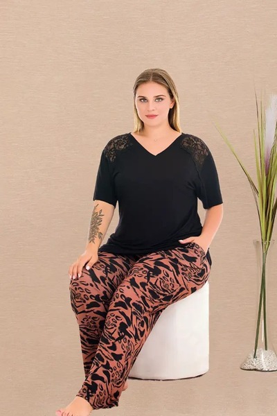 lidofya Shoulders Lace V-Neck Short Sleeve Plus Size Patterned Pajama Set