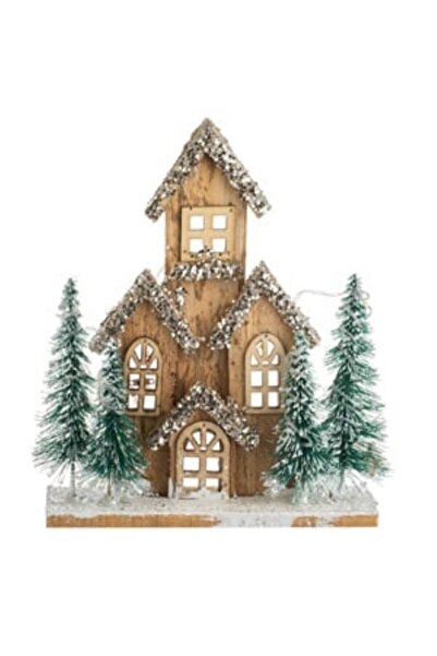 Jumbo Christmas Decoration Wooden House with Glitter Trees Beige & Light
