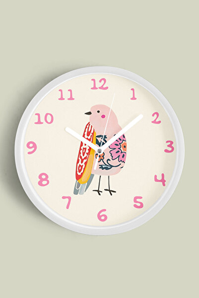 JHAAR ساعة حائط لغرفة الأطفال على شكل طائر لطيف - 35 سم - هيكل أبيض مع زجاج أ...
