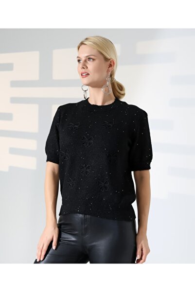 REDMİNA fashion Sparkly Bow Embroidered Knit Sweater