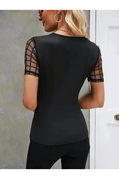 GENCULUS Women's Short Sleeve Open Collar Drop Net Tulle Detailed Viscose Blouse