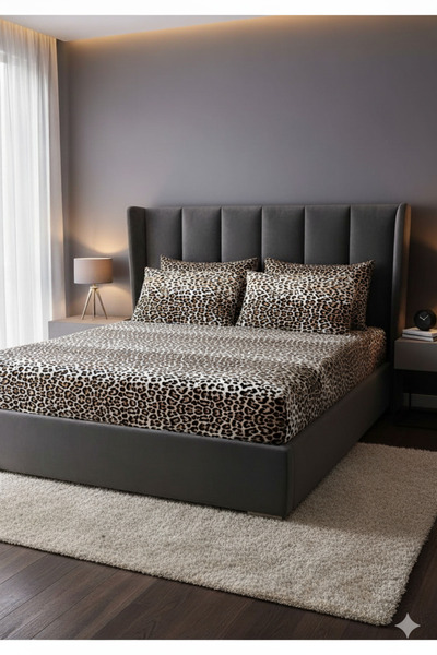 Home طقم ملاءات سرير مطاطية كبيرة الحجم بنمط الفهد البني (مع غطاءين للوسائد)