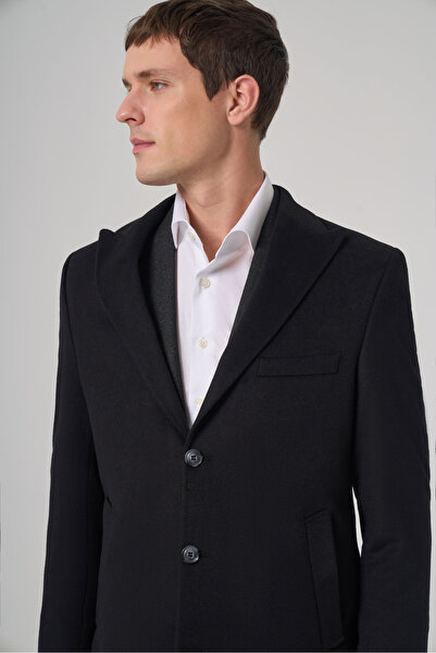 Morven Men's Black Woolen Straight Dynamic Fit Pointed Collar Coat