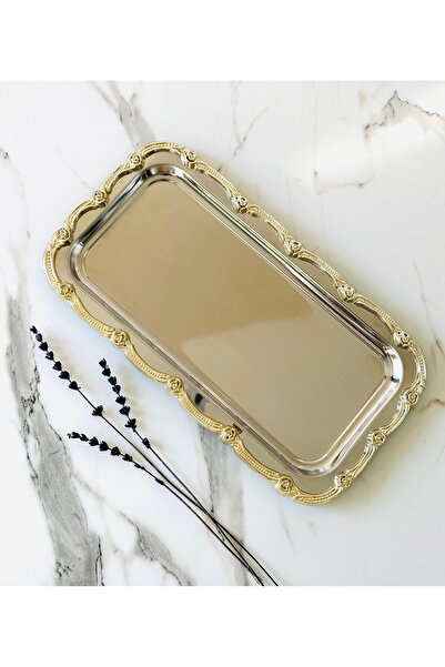 Melinda Fiore Baton Tepsi Gümüş-Gümüş Paslanmaz Çelik Çay, Kahve, Servis Sunum Tepsisi 1 ADET (33x17)