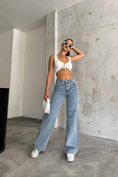 DRC trend 90`S Stretch Fabric Casual Women's Light Snow Blue Super High Waist Loose Leg Denim Jeans
