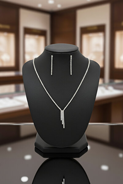 LAREON Su Yolu Abiye Takı Seti | Gümüş Rengi İnce Zincir Kolye ve Küpe Kombin...