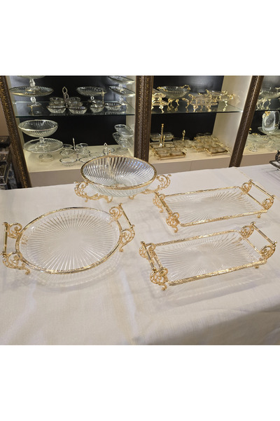 AlyaHomeAksesuar Glass Presentation Set with Gold Metal Legs | Stylish Presentation and Serving Set