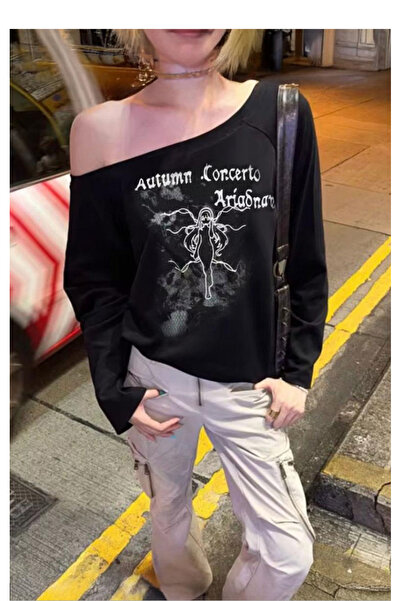 Köstebek Autumun Concerto Loose Off-Shoulder Long Sleeve Blouse