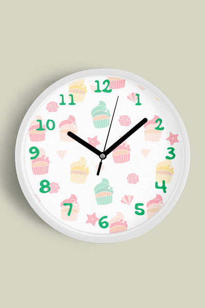 JHAAR Cupcake Desenli Mutfak Duvar Saati - 30cm - Önü Camlı Beyaz Kasa - Sess...