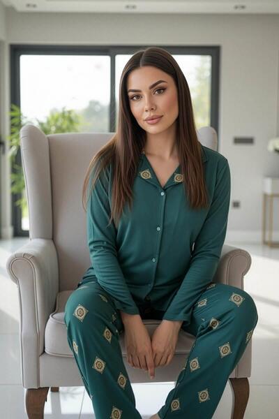 Pijamaevi Zümrüt Mozaik Florado Exclusive Front Buttoned Long Sleeve Women's Pajama Set