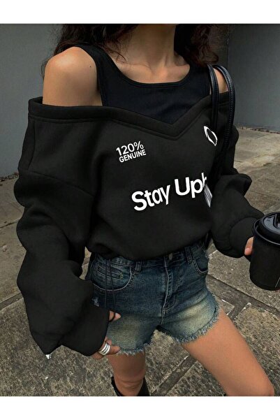 Machetta Women's Strappy Crop Detailed Off-Shoulder Crop Sweatshirt Hoodie